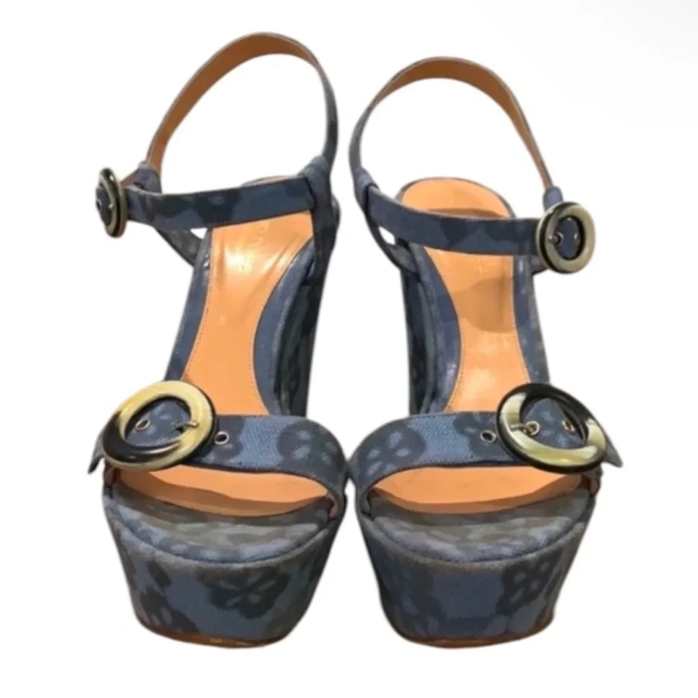 Authentic Sergio Rossi luxury designer denim blue floral canvas wedges sz 6.5